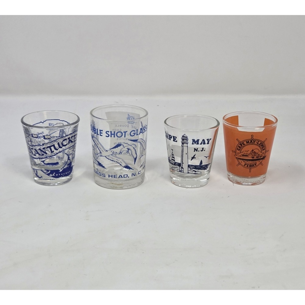Vintage Souvenir Shot Glass Lot of 4 Nantucket Cape May‎ Nags Head Ferry NC NJ